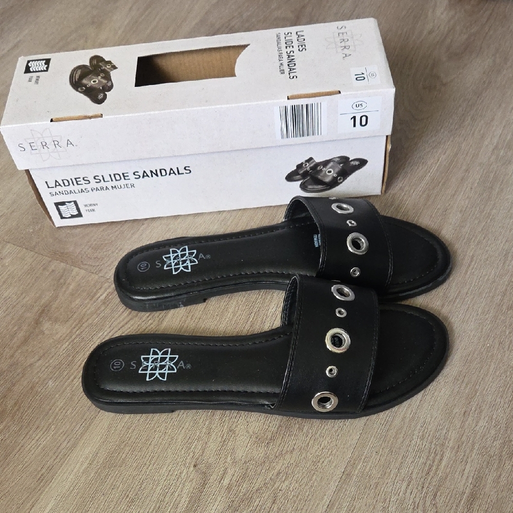 Serra Black Slide Sandals with Metallic Details